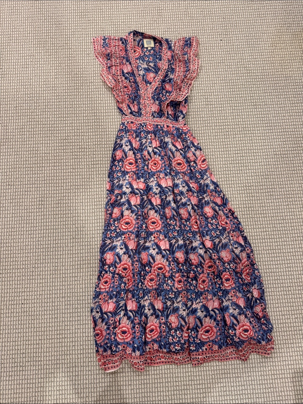 Navy and Pink Floral Maxi Dress with Ruffle Shoulders